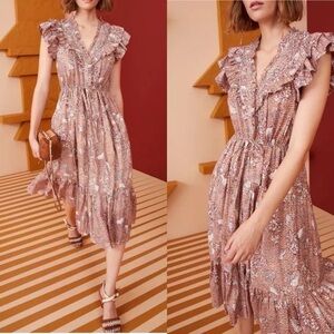 Ulla Johnson Midi Ruffle Floral Romina Flutter-Sleeve Dress Size 4